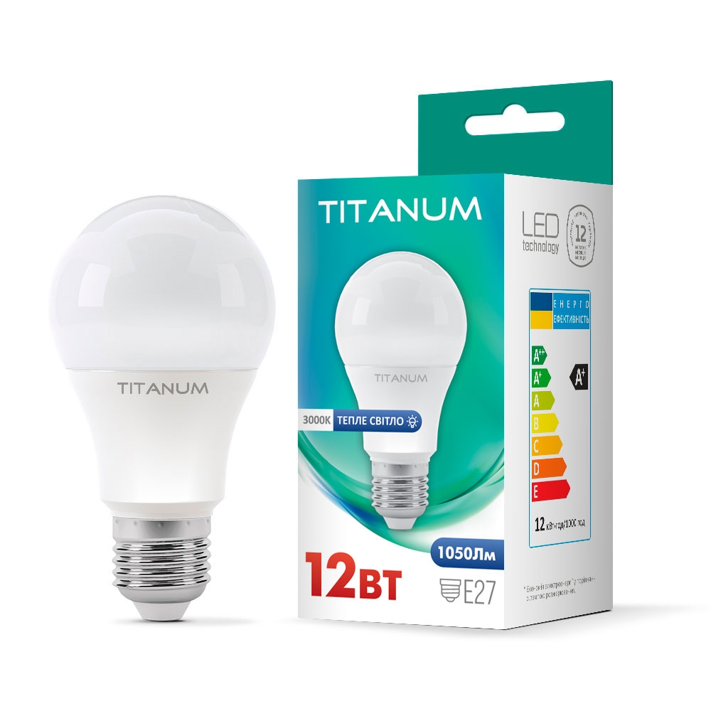 Лампа светодиодная Titanim A60 E27 12W 3000K 1050lm 300° AC175V-250V