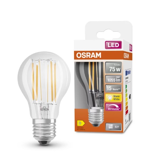 Лампа светодиодная DIM Osram A75 E27 7.8W 2700K 1055lm 300° AC230V