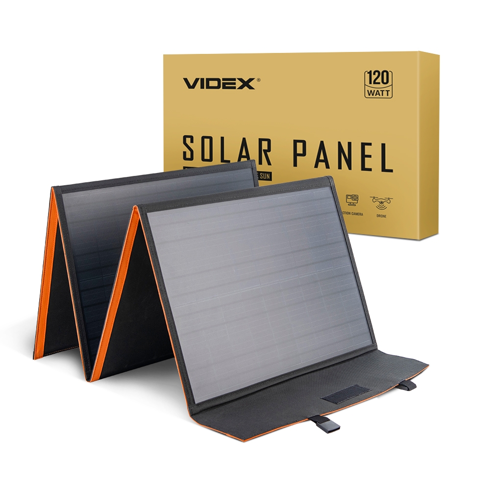 Портативная солнечная панель Videx 18V 120W типы разъемов: 2USB, Type-C, DC