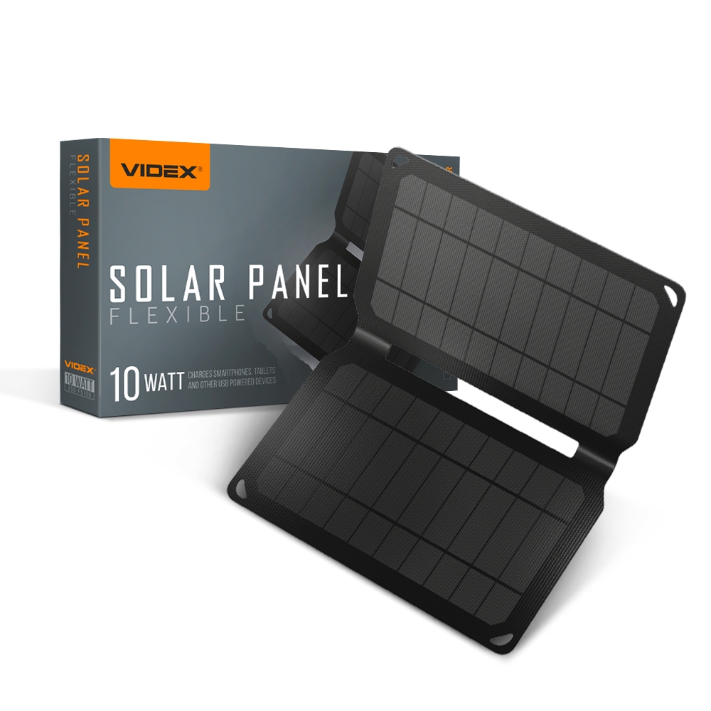 Портативная солнечная панель Videx 5V 10W разъемы: Type-C, MicroUSB, lightning