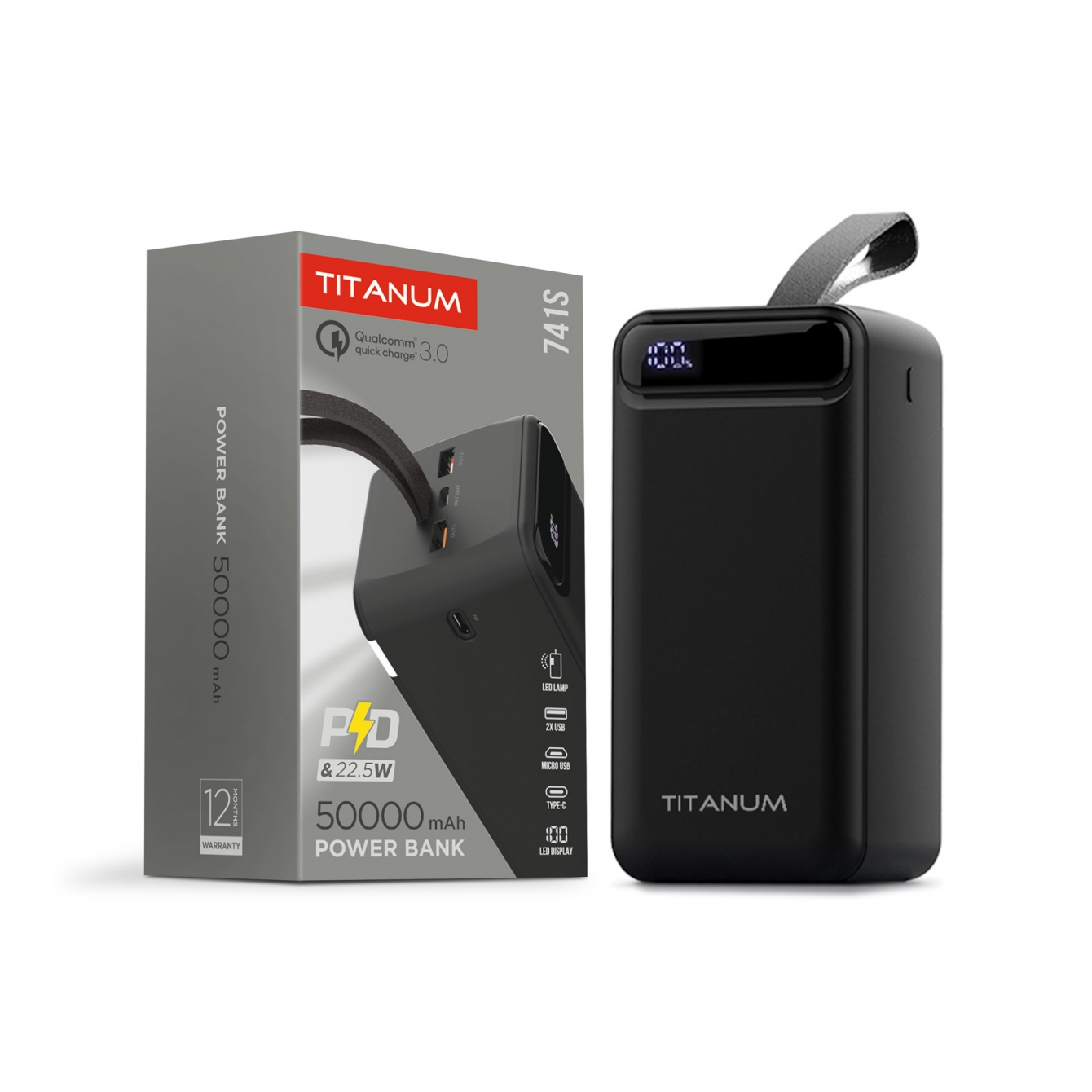 Повербанк Titanum 741S 22.5W 50000mAh Micro USB; Type-C; 2USB Black