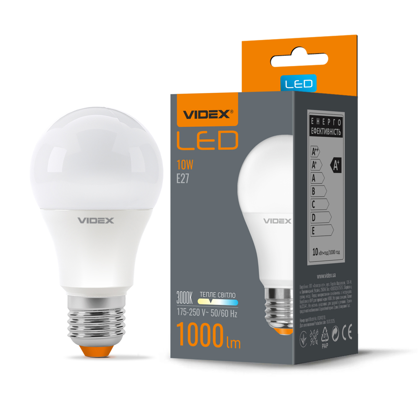 Лампа светодиодная Videx A60 10W E27 3000K 1000lm 300° AC175V-250V