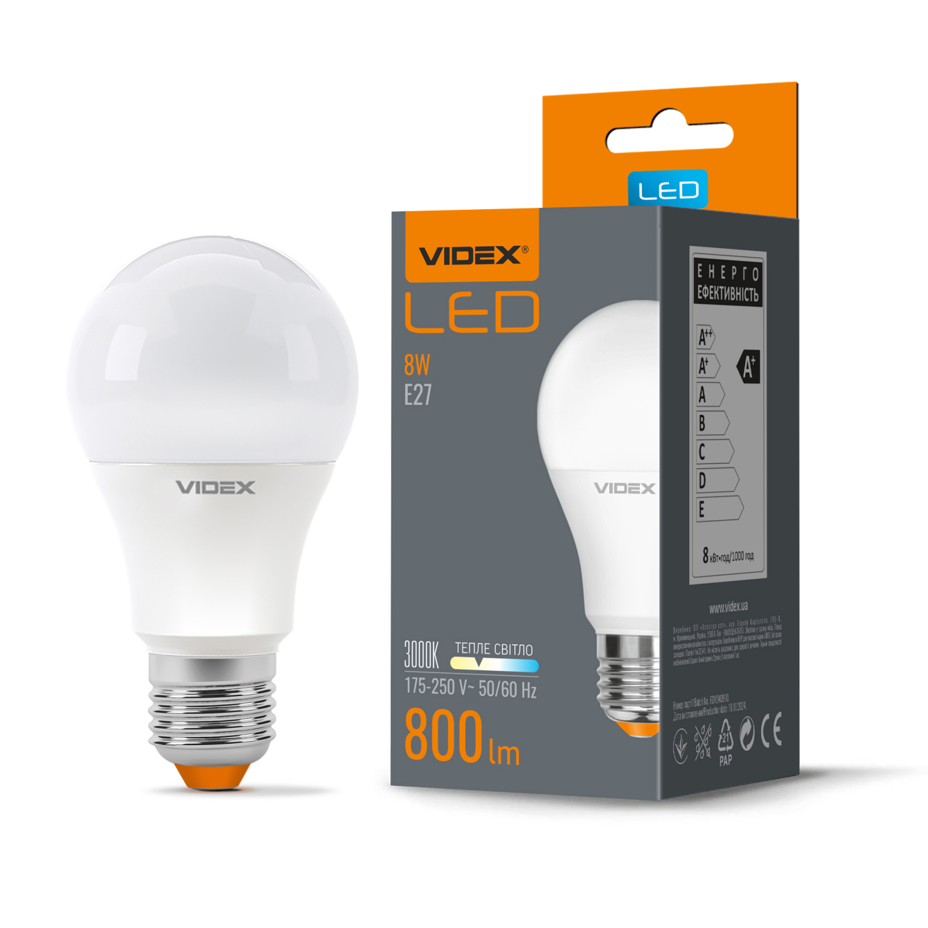 Лампа светодиодная Videx A60 8W E27 3000K 800lm 300° AC175V-250V