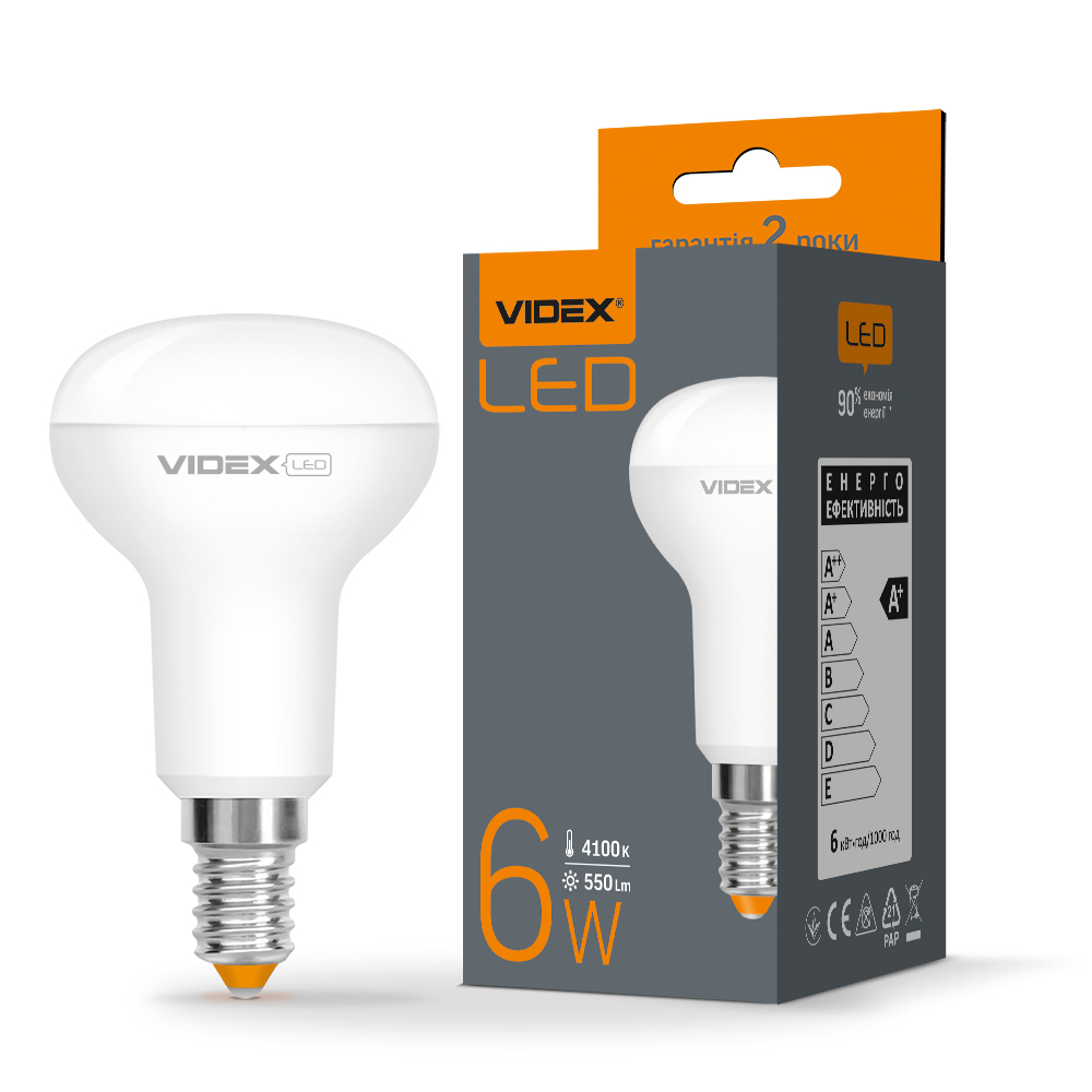 Лампа светодиодная Videx R50 6W E14 4100K 550lm 140° AC175V-250V
