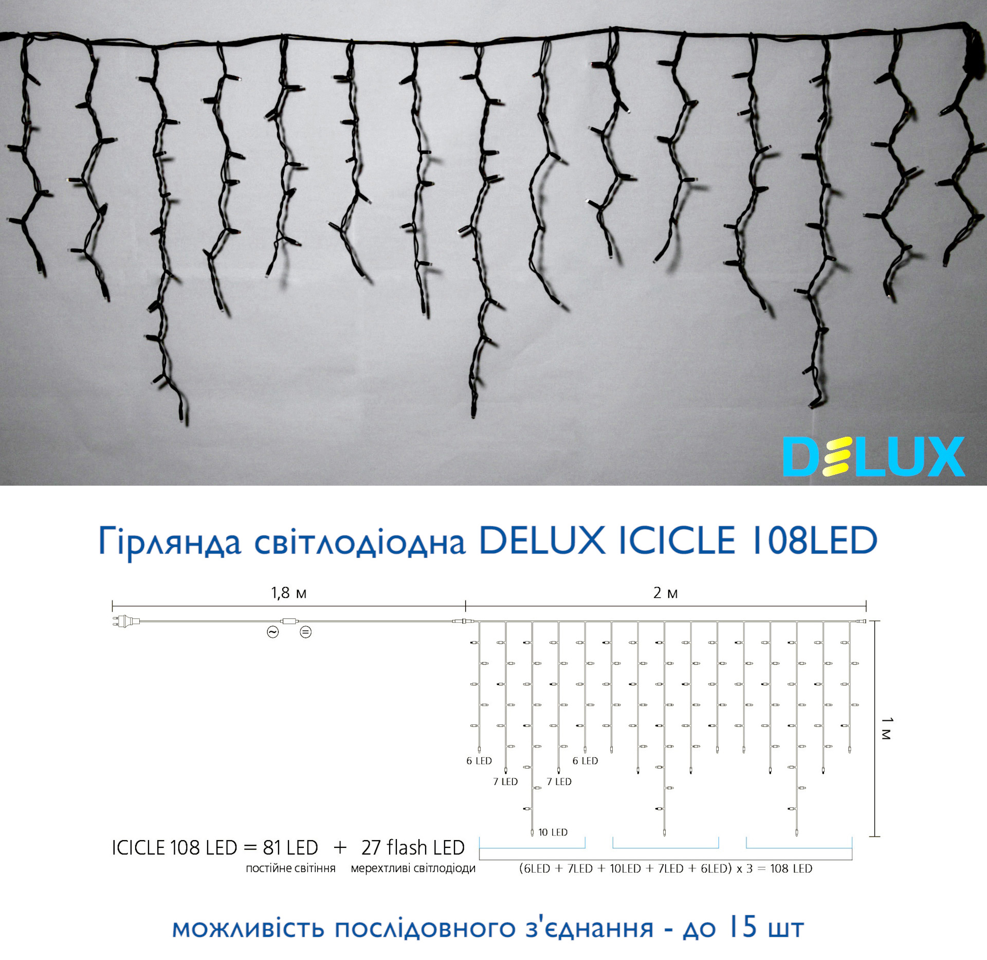 Гирлянда уличная Delux "Бахрома Flash" 2/1m 108led IP44 белый на черном