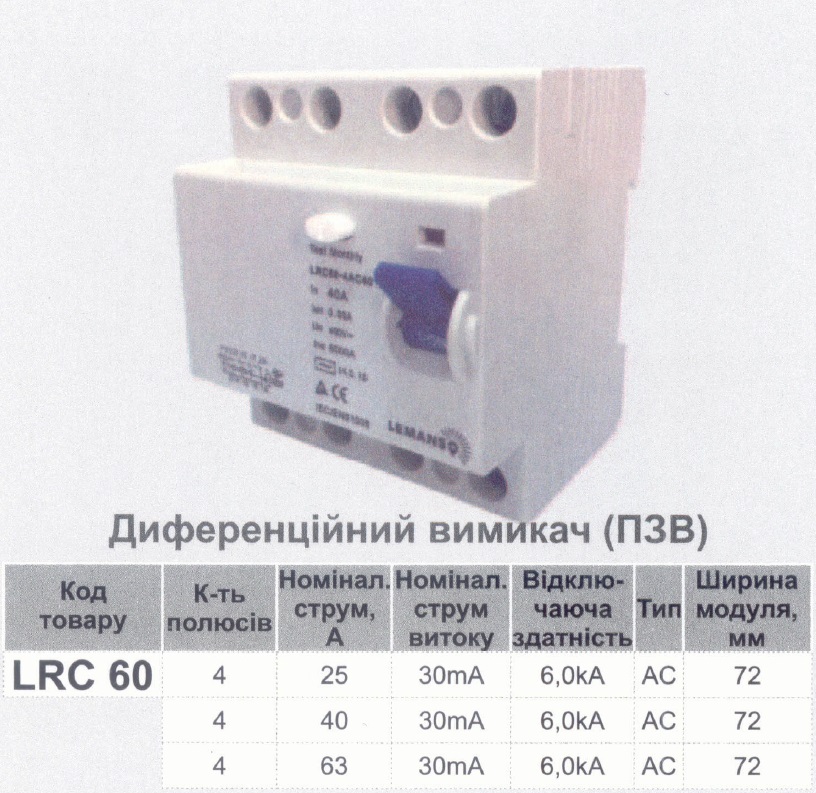 Диф. реле УЗО lemanso 4п 40A 30mA RCCB lRC60 (ПЗВ)