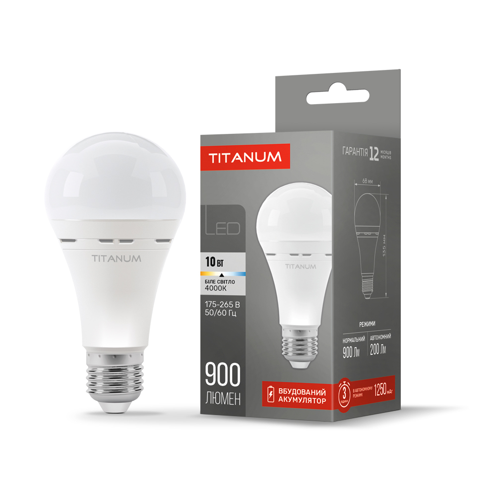 Лампа аккумуляторная Titanum А68 E27 10W 4000K 900lm 200° AC175V-264V