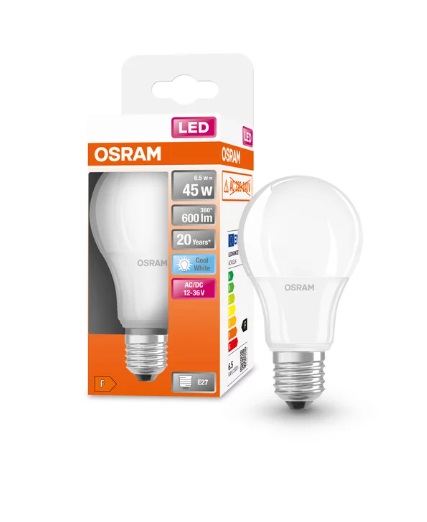 Лампа диодная низковольтная Osram A45 E27 6.5W 4000K 600lm 170° AC/DC12V-36V