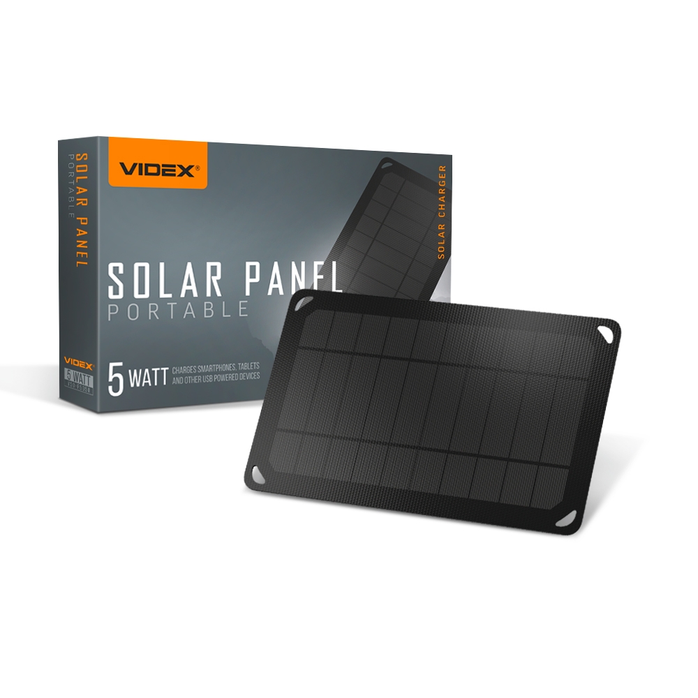 Портативная солнечная панель Videx 5V 5W разъемы: Type-C, MicroUSB, lightning
