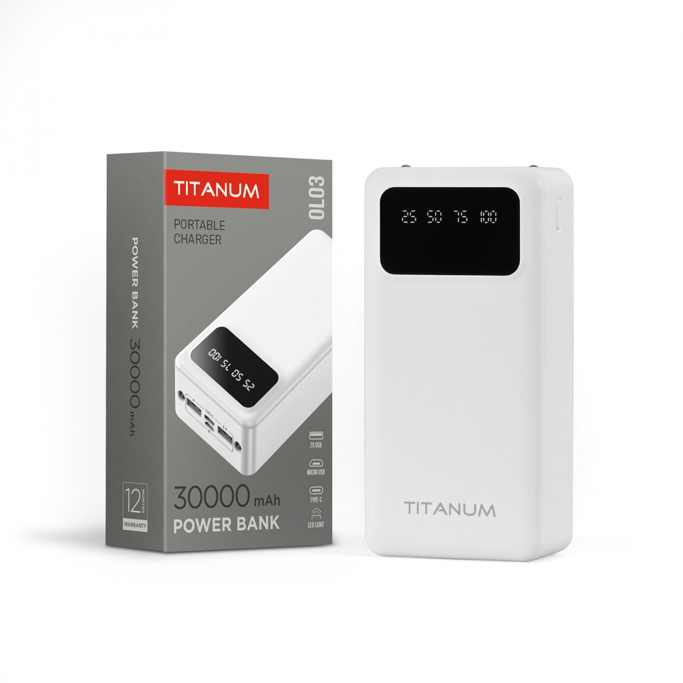 Повербанк Titanum OL03 30000mAh Micro USB; Type-C; 2USB White