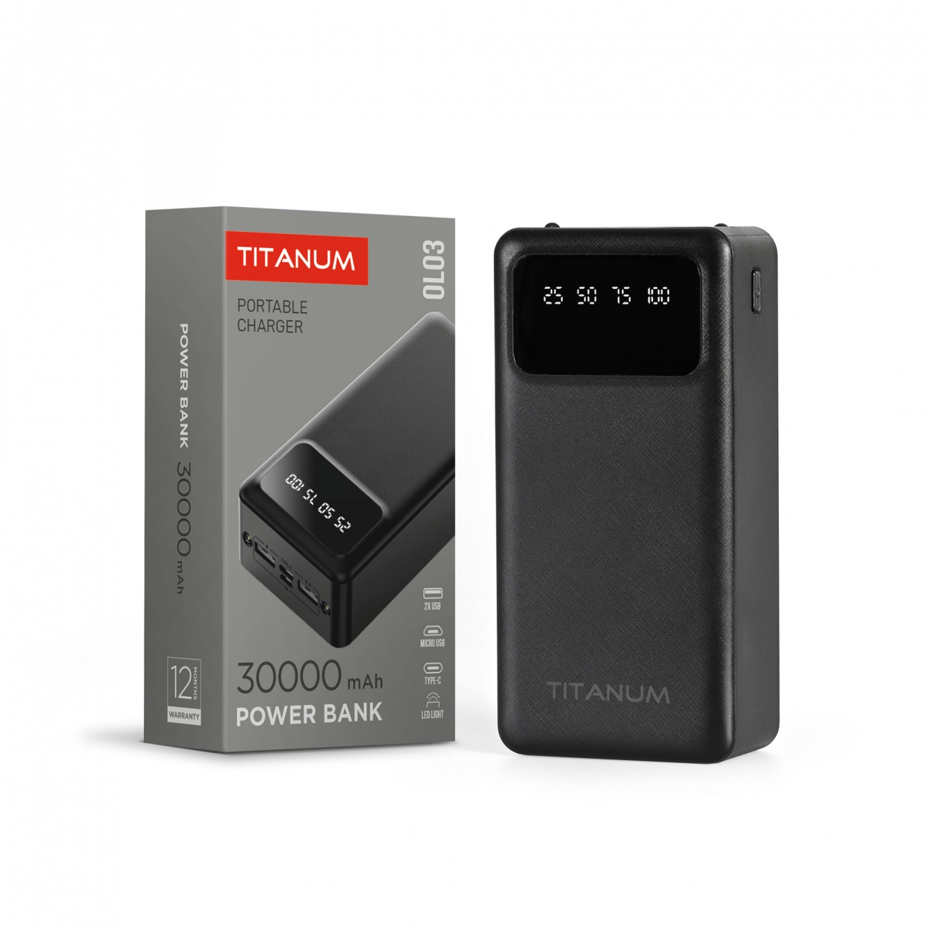 Повербанк Titanum OL03 30000mAh Micro USB; Type-C; 2USB Black