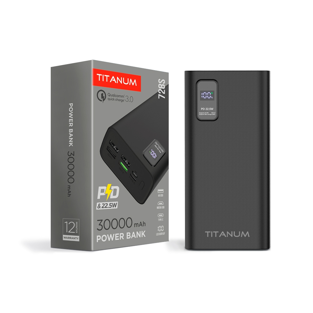 Повербанк Titanum 728S 22.5W 30000mAh 4USB; Micro USB; Type-C Black
