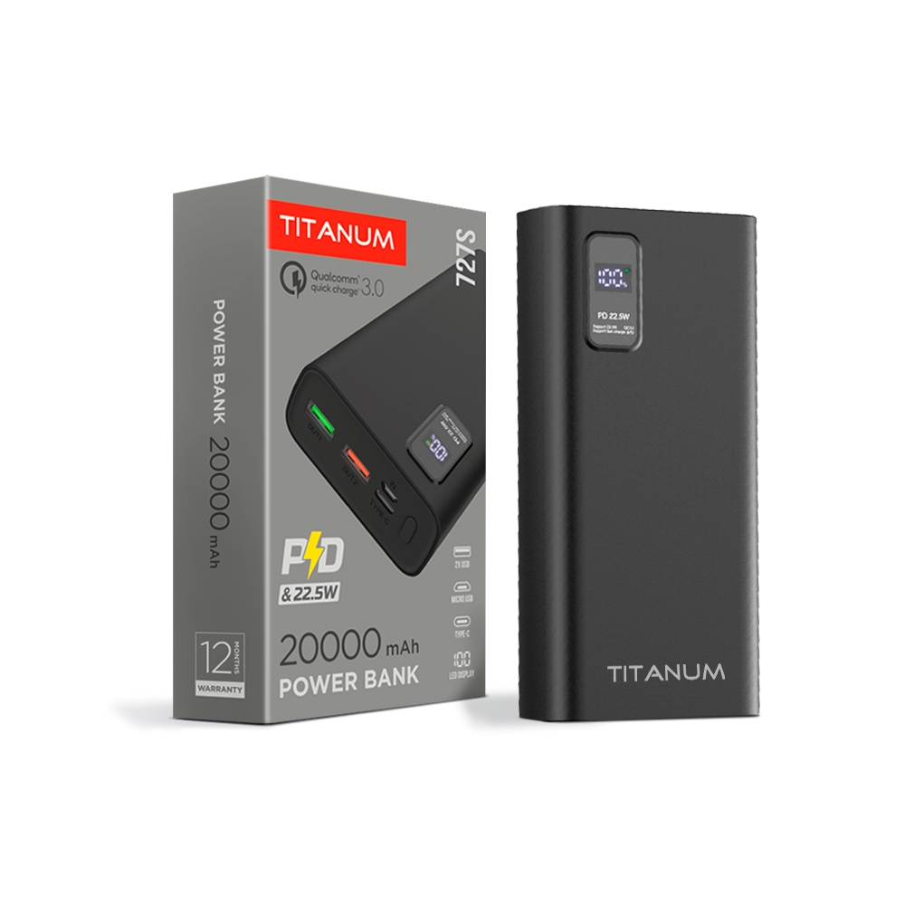 Повербанк Titanum 727S 22.5W 20000mAh 2USB; Micro USB; Type-C Black