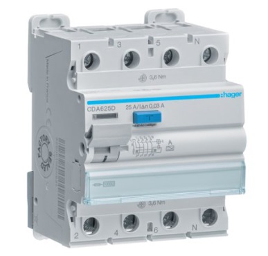 Дифреле (ПЗВ) Hager CDA625D 4P 25A 30mA 10kA A