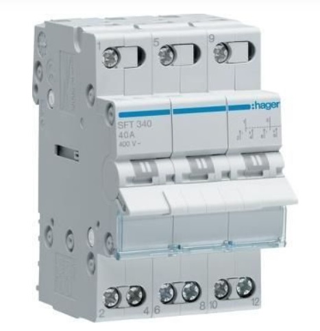 Переключатель Hager SFT340 I-0-II с общим выходом сверху 3-пол. 40А 400V 3м (ввод резервного питания)