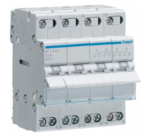 Переключатель Hager SFT440 I-0-II с общим выходом сверху 4-пол. 40А 400V 3м (ввод резервного питания)