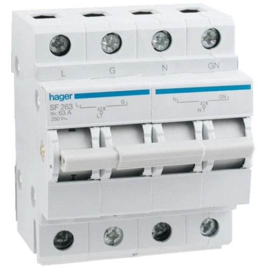 Переключатель ввода резерва Hager SF263 250V 63A 1+N 4м (перекидной рубильник)